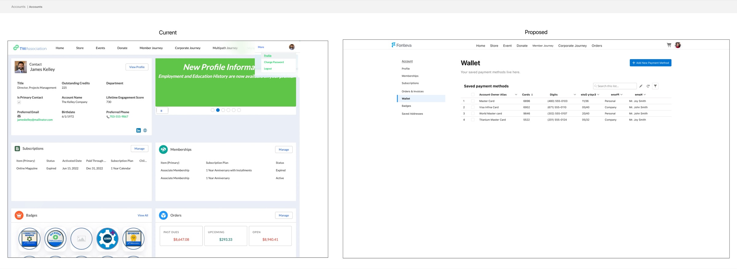 Current versus proposed account settings, the proposed version using a left sub-navigation pattern